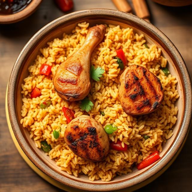 Freshly prepared Jollof Rice with grilled chicken